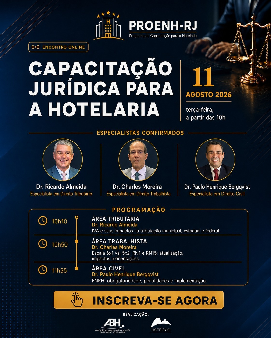 Cartaz oficial do encontro PROENH-RJ Capacitação Jurídica para a Hotelaria, com data, especialistas e programação